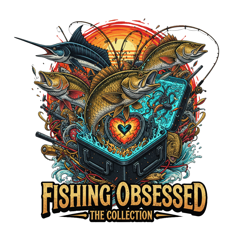 Minimal red fish line art with a small blue wave on black tee – collection hero