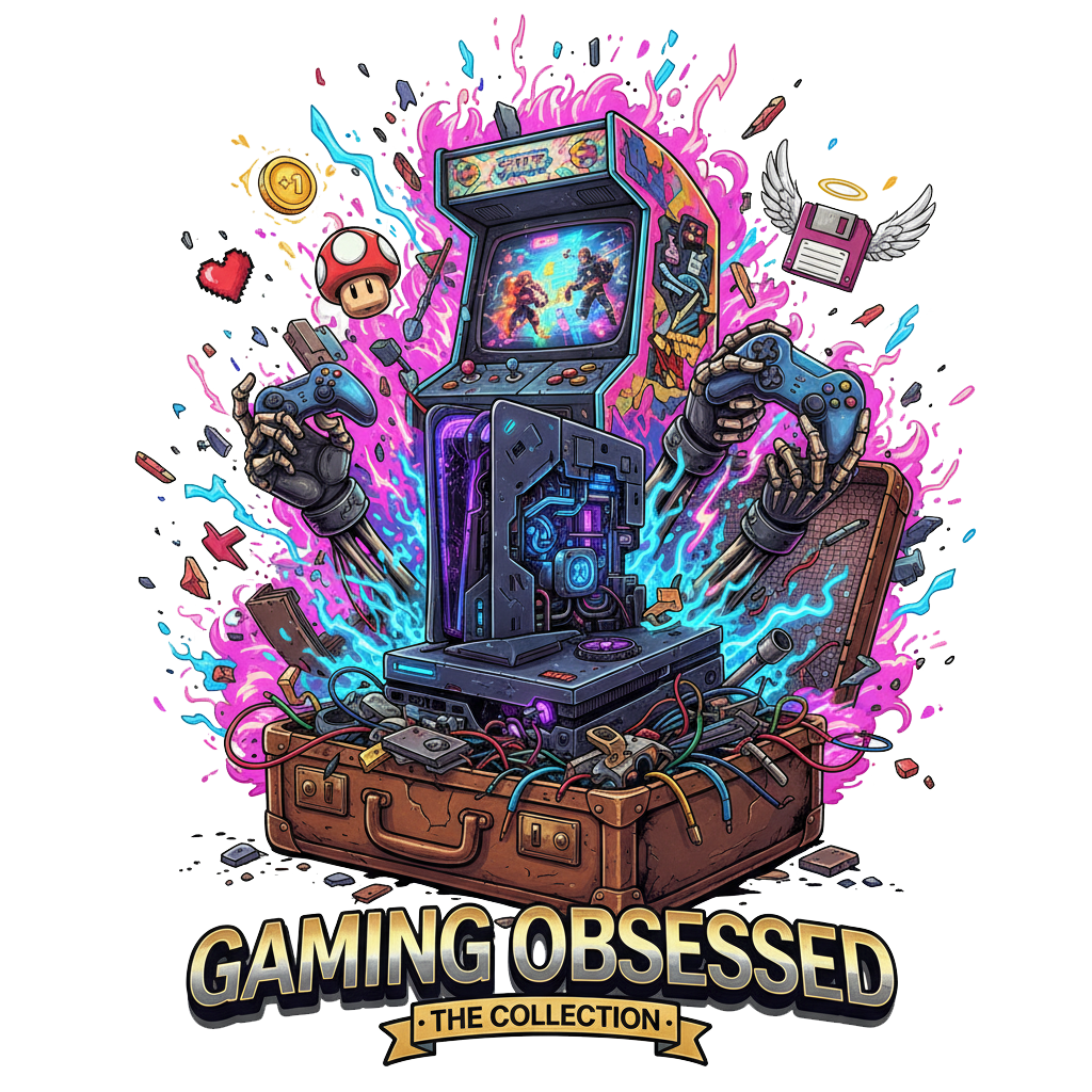 Minimal red game controller line art with a small neon-green pixel accent on black tee – collection hero