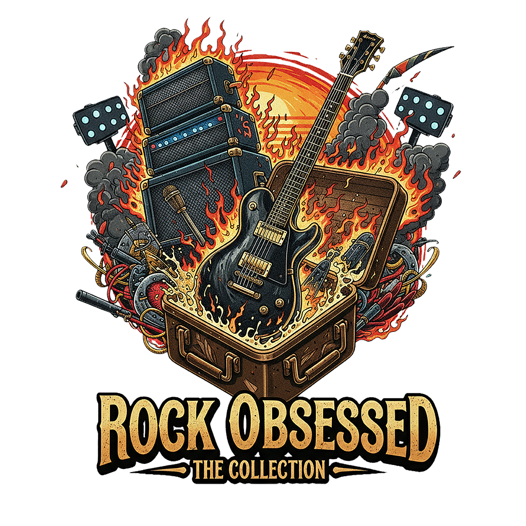 Minimal red electric guitar line art with a small yellow lightning bolt on black tee – collection hero